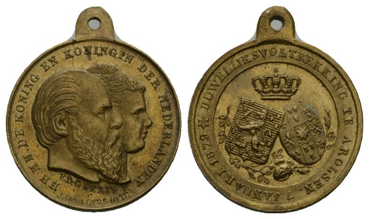  Niederlande, König und Königin; tragbare Medaille 1879; Bronze, 4,58 g, Ø 22 mm   