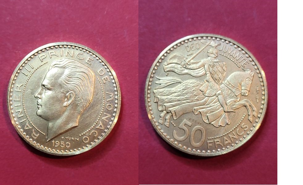 Monaco 50 Francs 1950 Münze Rainier III, Essai-Piéfort Gold RR Goldankauf Koblenz Frank Maurer Q951   