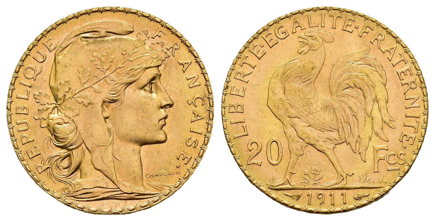 PEUS 8403 Frankreich 5,81 g Feingold. Marianne 20 Francs GOLD 1911 Kl. Kratzer, fast Stempelglanz