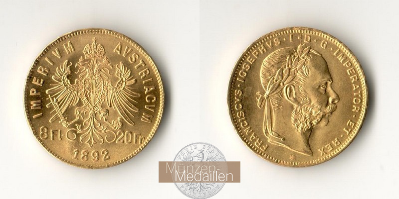 Österreich MM-Frankfurt Feingold: 5,81g 8 Florin - 20 Francs 1892 NP 