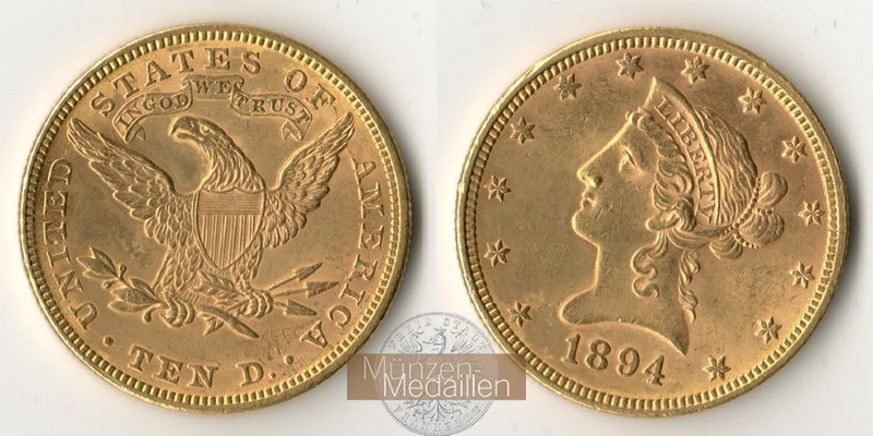 USA  10 Dollar MM-Frankfurt Feingold: 15,05g Kopf mit Krone 1894 