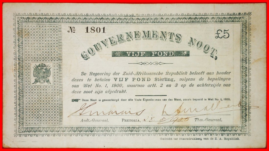 Ⰶ GOVERNMENTAL NOTE: SOUTH AFRICA ★ 5 POND POUNDS 1900! CRISP! RARITY! JUST PUBLISHED!★ NO RESERVE!