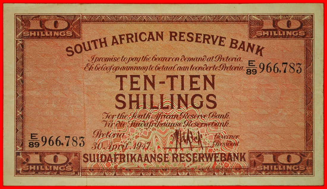  ~ SHIP (1928-1947): SOUTH AFRICA ★ 10 SHILLINGS 1947 RARITY! CRISP! LOW START ★ NO RESERVE!   