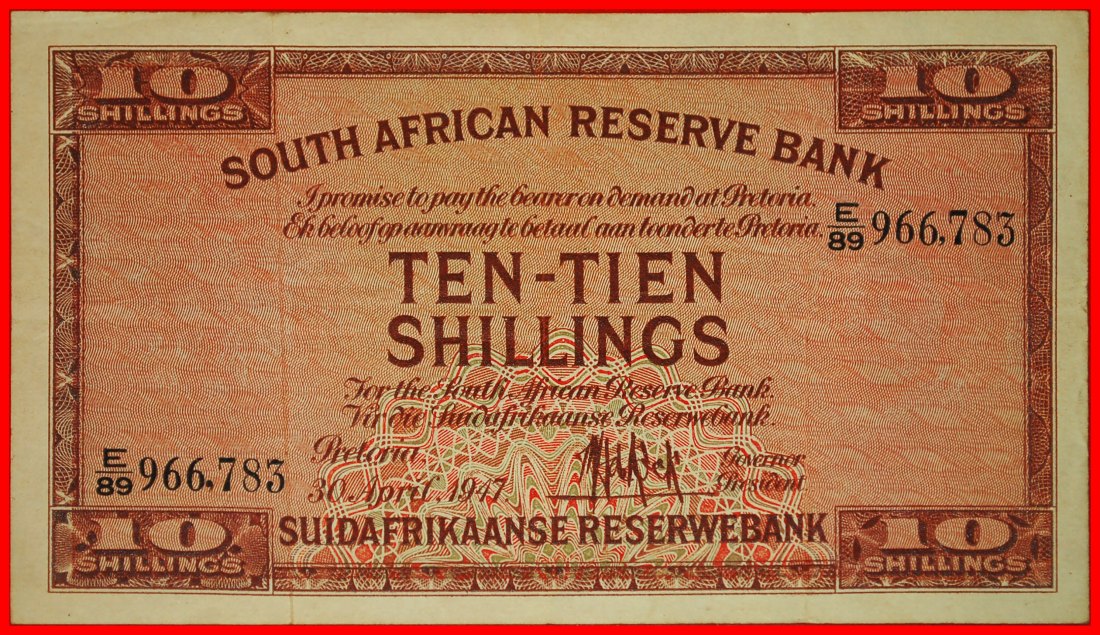Ⰶ SHIP (1928-1947): SOUTH AFRICA ★ 10 SHILLINGS 1947 RARITY! CRISP! LOW START ★ NO RESERVE!