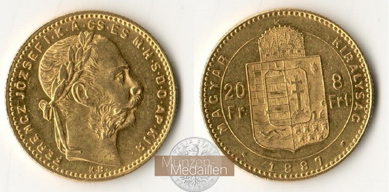 Ungarn, Königreich 1867-1918 MM-Frankfurt Feingewicht 5,81g 8 Forint 1887 KB 