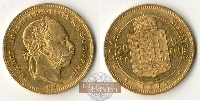Ungarn, Königreich 1867-1918 MM-Frankfurt Feingewicht 5,81g 8 Forint 1877 KB 