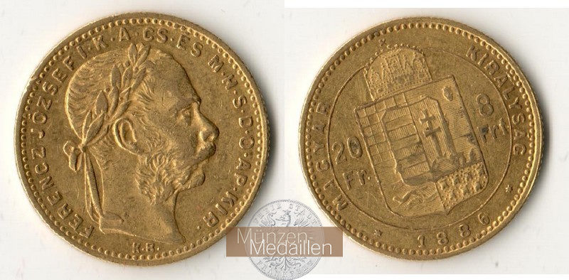 Ungarn, Königreich 1867-1918 MM-Frankfurt Feingewicht 5,81g 8 Forint 1886 KB 