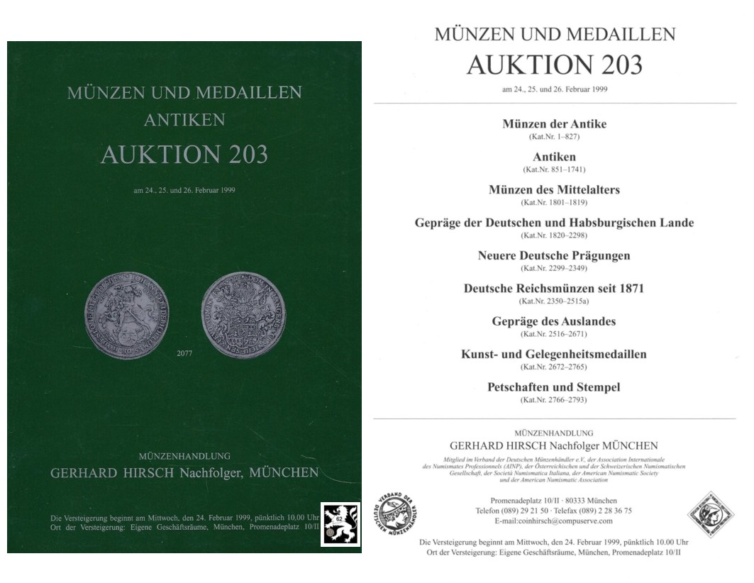  Hirsch (München) Auktion 203 (1999) Münzen der Antike ,Mittelalter und Neuzeit & Antike Kleinkunst   