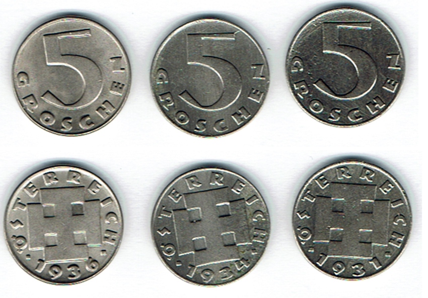  SZAIVERT ÖSTERREICH 1. REPUBLIK 5 GROSCHEN 1931 1934 1936   