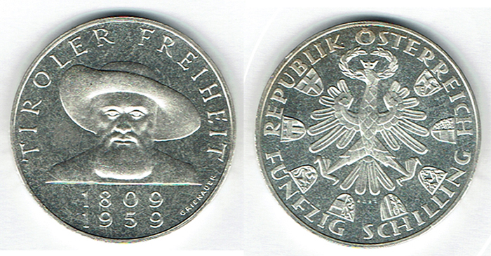  SZAIVERT ÖSTERREICH 2. REPUBLIK 50 SCHILLING 1959 ANDREAS HOFER   
