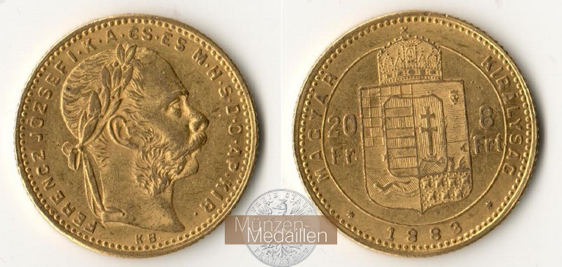 Ungarn, Königreich 1867-1918 MM-Frankfurt Feingewicht 5,81g 8 Forint 1883 KB 