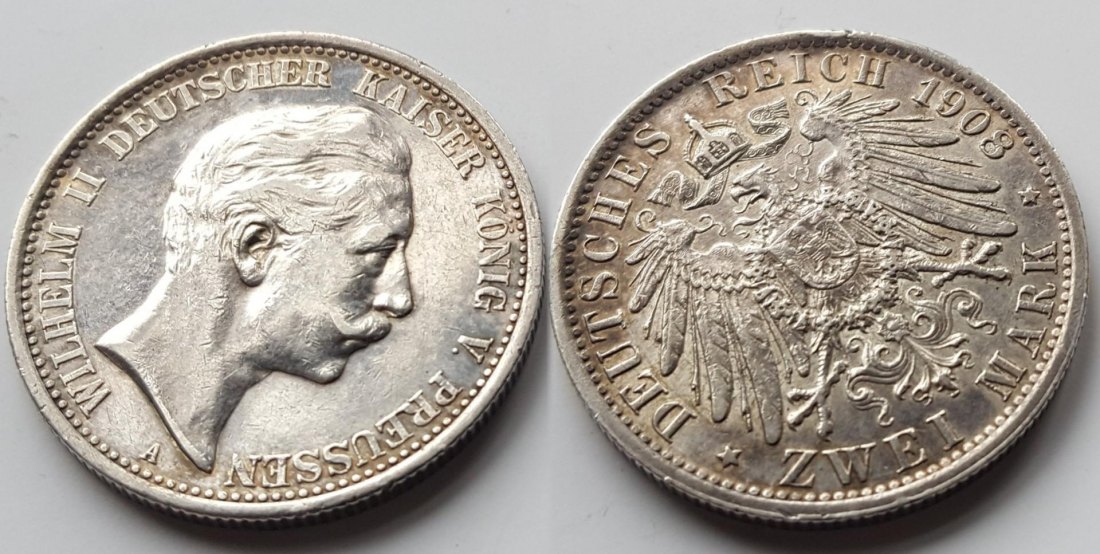  KAISERREICH - Königreich Preussen 2 MARK 1908 A ss-vz/vz mit Prägeglanz   