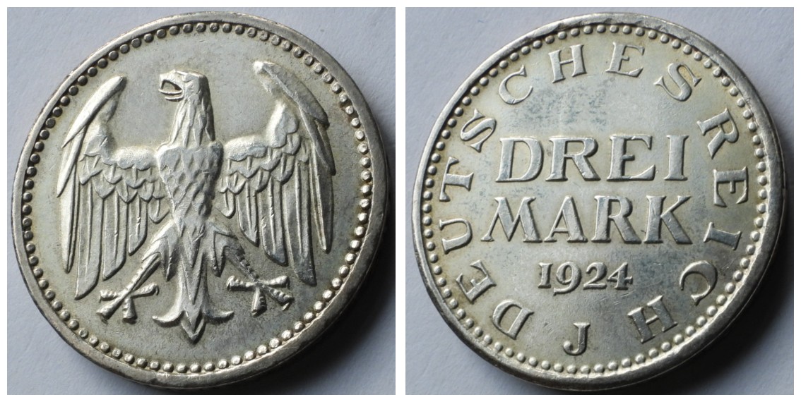  WEIMARER REPUBLIK - 3 DREI MARK 1924 J J. 312 vz   