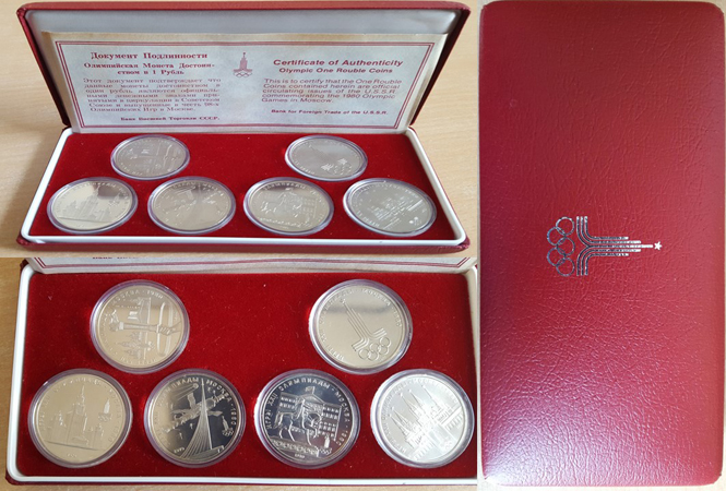  Russland Olympiaserie 1980, 6 Münzen mit Zertifikat in  Kapseln und Original Etui   