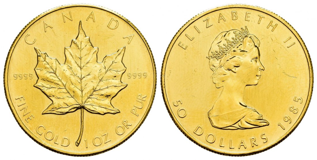 PEUS 8409 Kanada 31,1 g Feingold. Maple Leaf 50 Dollars GOLD Unze 1985 Kl. Kratzer, Vorzüglich
