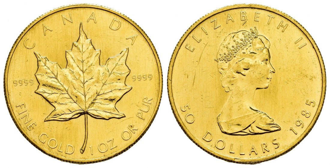 PEUS 8410 Kanada 31,1 g Feingold. Maple Leaf 50 Dollars GOLD Unze 1985 Kl. Kratzer, Vorzüglich