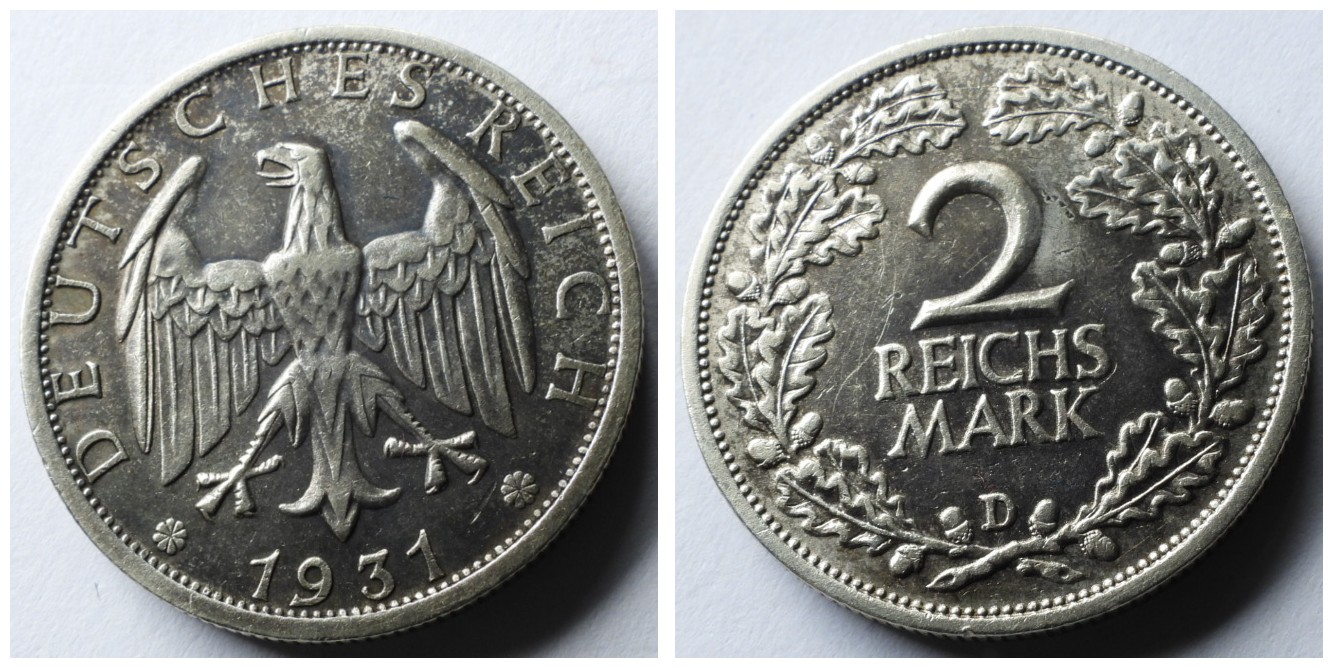  WEIMARER REPUBLIK - 2 Reichsmark 1931 D (München) J. 320 f.vz dunkle Patina   