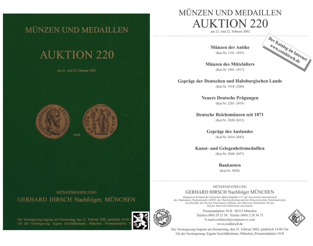 Hirsch (München) Auktion 220 (2002) Münzen der Antike ,Mittelalter & Neuzeit ua. Top Sammlung Bayern