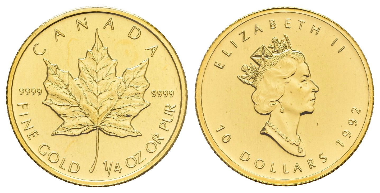 PEUS 8411 Kanada 7,78 g Feingold. Maple Leaf 10 Dollars GOLD 1/4 Unze 1992 Uncirculated (eingeschweißt)