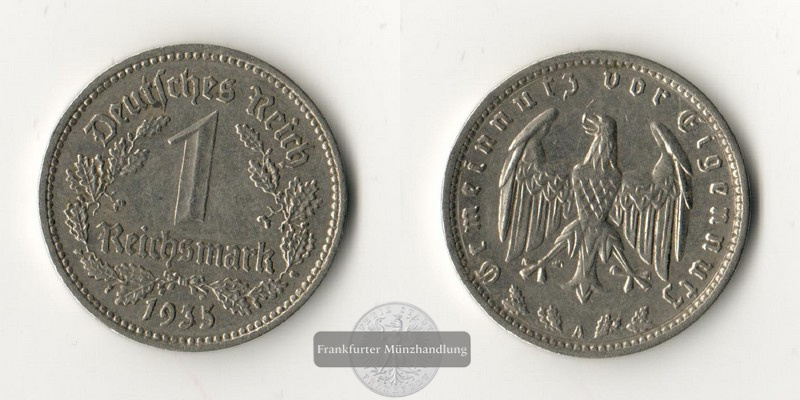  Deutschland, Drittes Reich  1 Reichsmark  1935 A  FM-Frankfurt Gewicht: 3,5g Nickel   