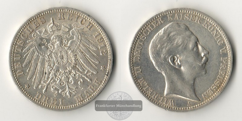  Dt. Kaiserreich, Preussen  3 Mark  1912 A  Wilhelm II. 1888-1918   FM-Frankfurt  Feinsilber: 15g   