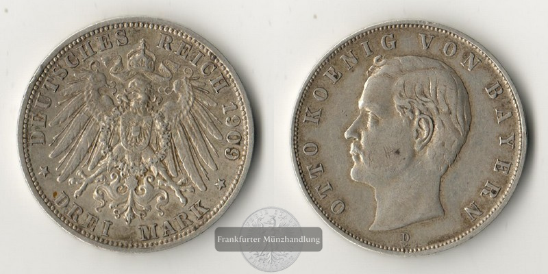  Dt. Kaiserreich, Bayern  3 Mark  1909 D  Otto   FM-Frankfurt   Feinsilber: 15g   