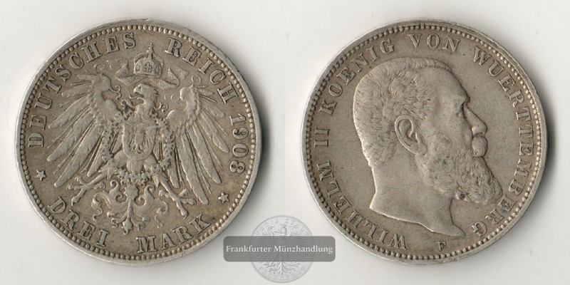  Dt. Kaiserreich,Württemberg 3 Mark  1908 F   Wilhelm II. 1891-1918  FM-Frankfurt   Feinsilber: 15g   