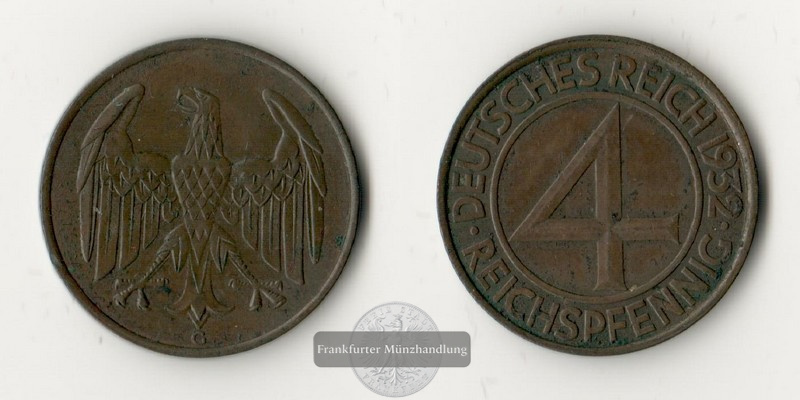  Deutschland, Weimarer Rep.  4 Reichspfennig 1932 G  FM-Frankfurt Gewicht: 5g   