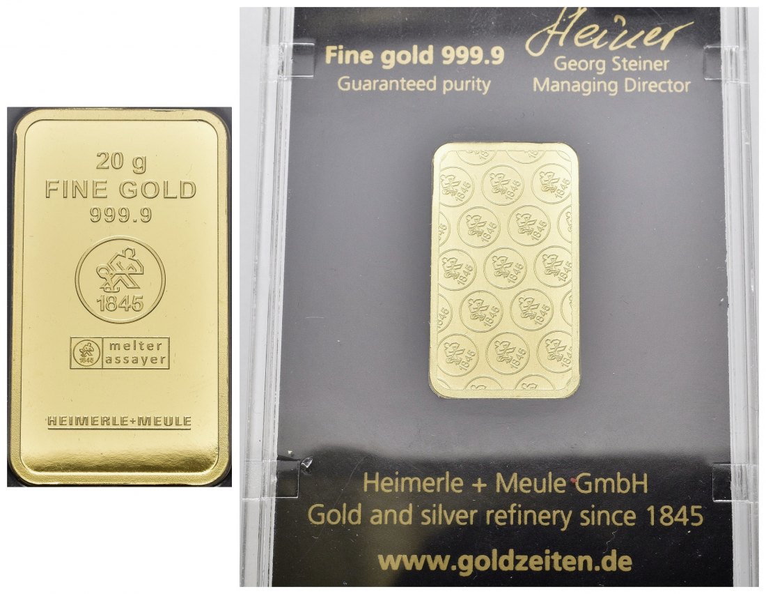 PEUS 8424 Schweiz 20 g Feingold. Heimerle + Meule Barren GOLD 20 g o.J. Uncirculated (PVC-Rahmen)