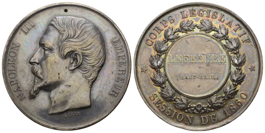  Frankreich; gelochte Medaille 1860; Ag mit Randpunze; 66 g; Ø 50 mm   