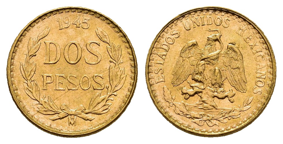 PEUS 8430 Mexiko 1,5 g Feingold 2 Pesos GOLD 1945 M Fast Stempelglanz