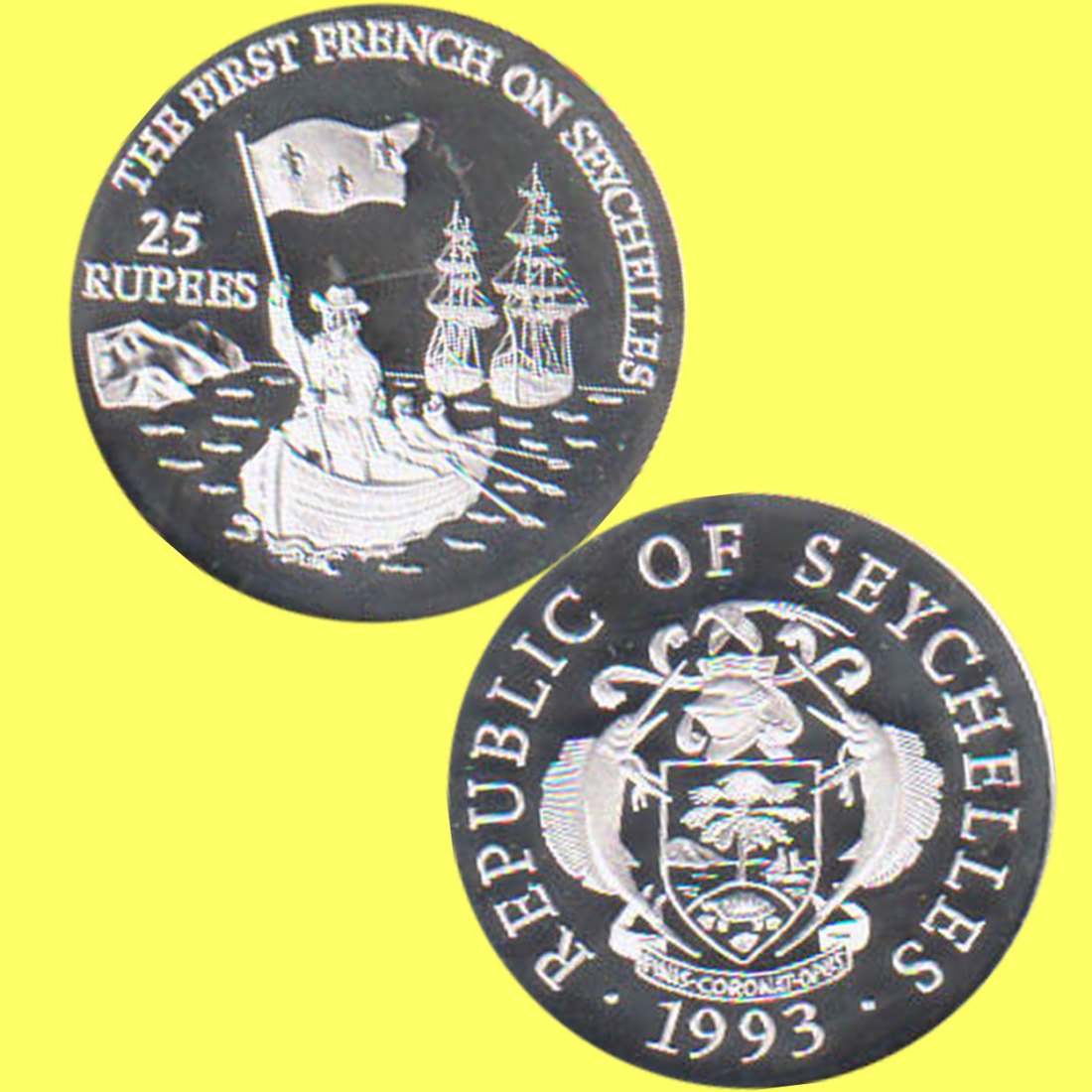  Seychellen 25 Rupees Silbermünze *Landung der Franzosen auf den Seychellen* 1993 *PP* 10.000St   