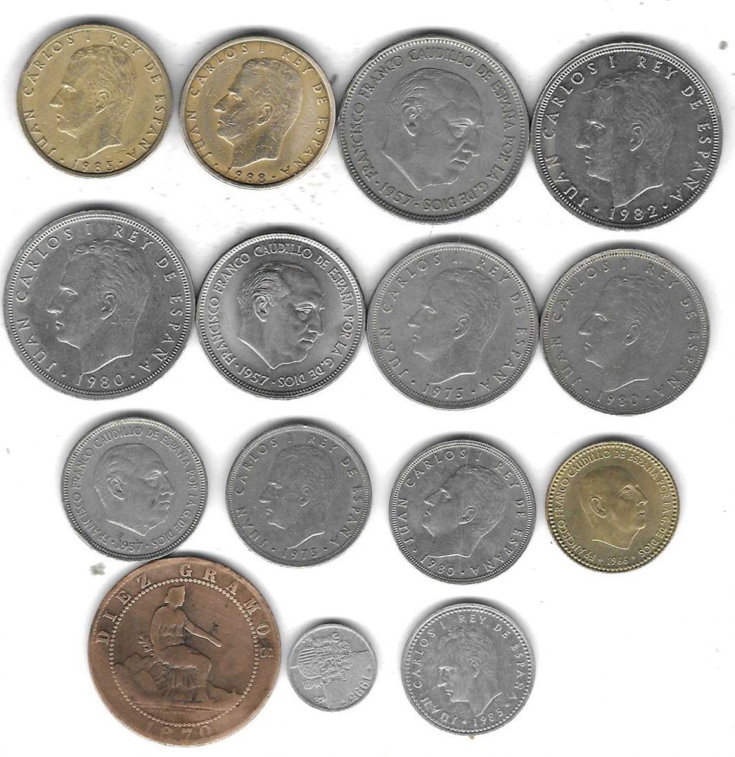  Spanien Lot mit 15 verschiedenen Münzen vor Euro, SS-Stempelglanz, Einzelaufstellung und Scan unten   