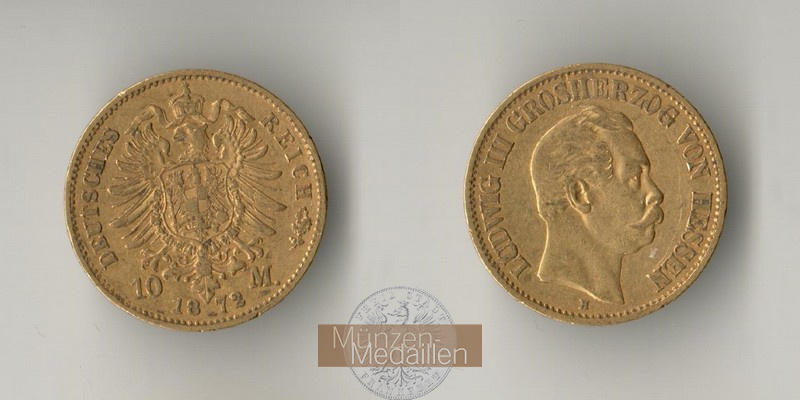 Hessen, Kaiserreich  10 Mark MM-Frankfurt Feingold: 3,58g Ludwig III. 1848-1877 1872 H 