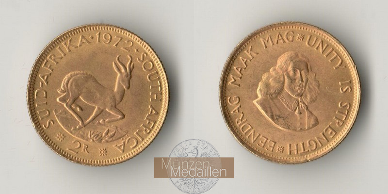 Süd Afrika  2 Rand MM-Frankfurt Feingold: 7,32g Springbock 1972 