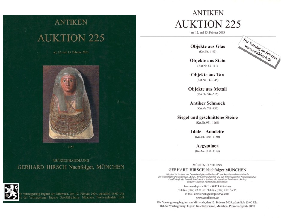  Hirsch (München) Auktion 225 (2003) Antike Kleinkunst ua Objekte aus  Glas ,Stein ,Ton ,Metall   