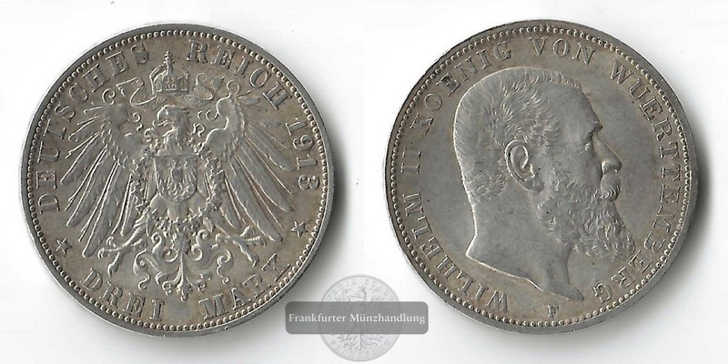  Deutsches Kaiserreich, Württemberg 3 Mark  1913 F Wilhelm II.  FM-Frankfurt Feinsilber: 15g   