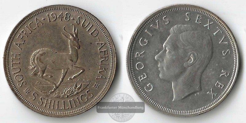  Süd Afrika  5  Shillings  1948    Büste von König Georg VI.    FM-Frankfurt    Feinsilber: 23,04g   