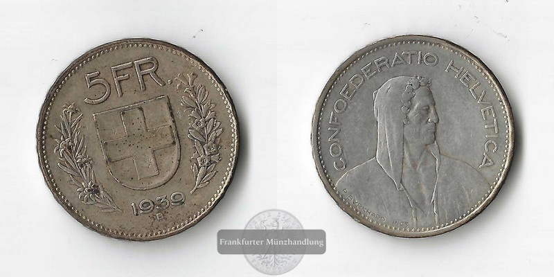  Schweiz,  5 Franken  1939  FM-Frankfurt   Feinsilber: 12,53g   