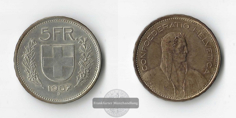  Schweiz,  5 Franken  1967  FM-Frankfurt Feinsilber: 12,52g   