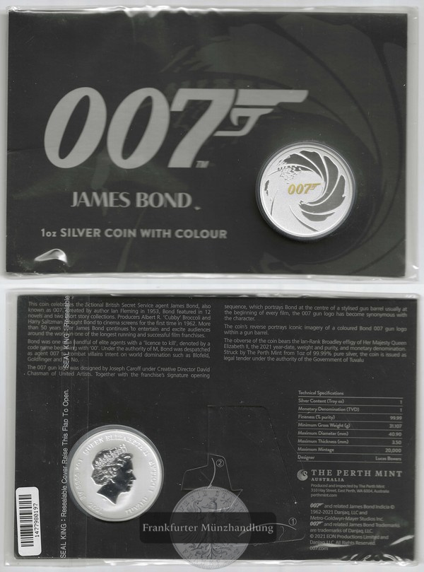  Tuvalu  1 Dollar  2021 James Bond 007   FM-Frankfurt  Feinsilber: 31,1g   