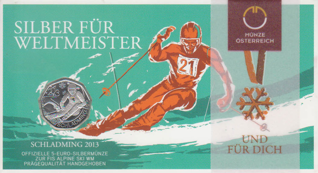  Offiz. 5 Euro Silbermünze Österreich *Alpine Ski-WM 2013 in Schladming* 2013 *hgh* max 50.000St!   