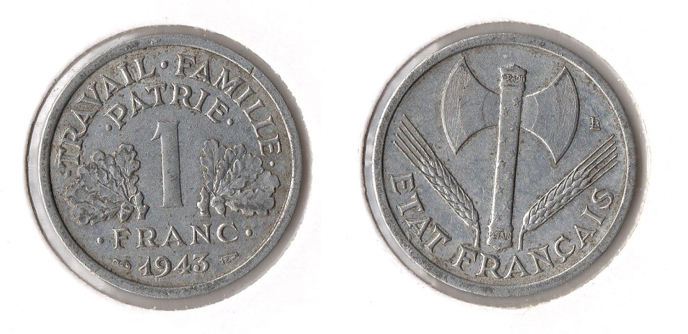  Frankreich 1 Franc 1943 (Alu) ss-vz (Regierung in Vichy 1940-1944 Etat Francais)   