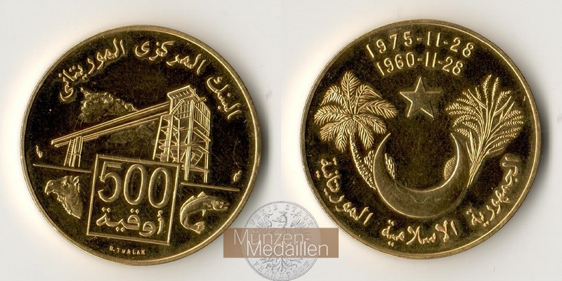 Mauritania,  500 Ouguiya MM-Frankfurt Feingold: 24g Independence 1975 