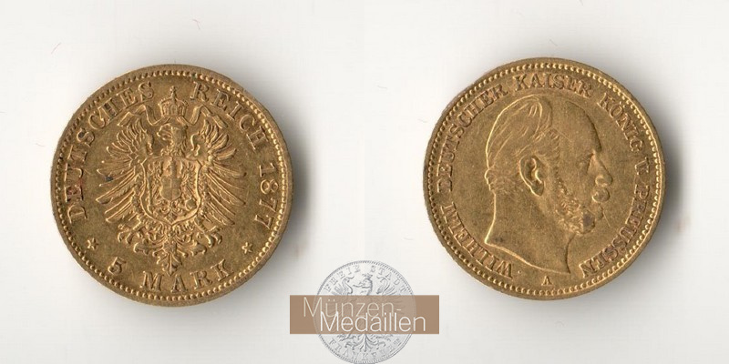 Preussen Kaiserreich  5 Mark MM-Frankfurt Feingewicht: 1,79g Gold Wilhelm I. 1861-1888 1877 A 
