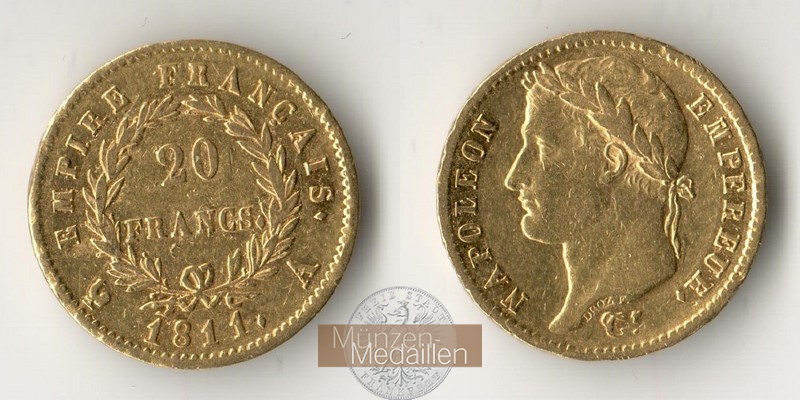 Frankreich  20 Francs MM-Frankfurt   Feingold: 5,81g Napoleon I 1811 A 