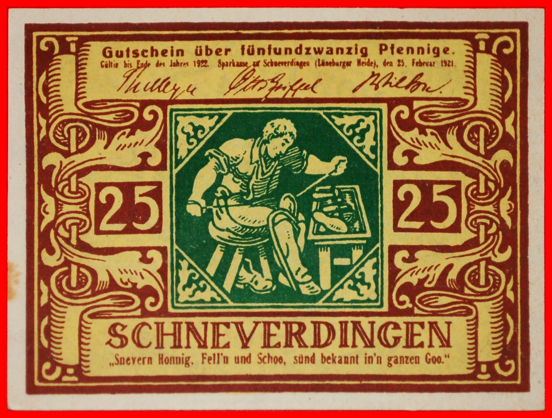  * HANOVER: GERMANY SCHNEVERDINGEN ★ 25 PFENNIG 1921 CRISP! GREEN ★LOW START ★ NO RESERVE!   