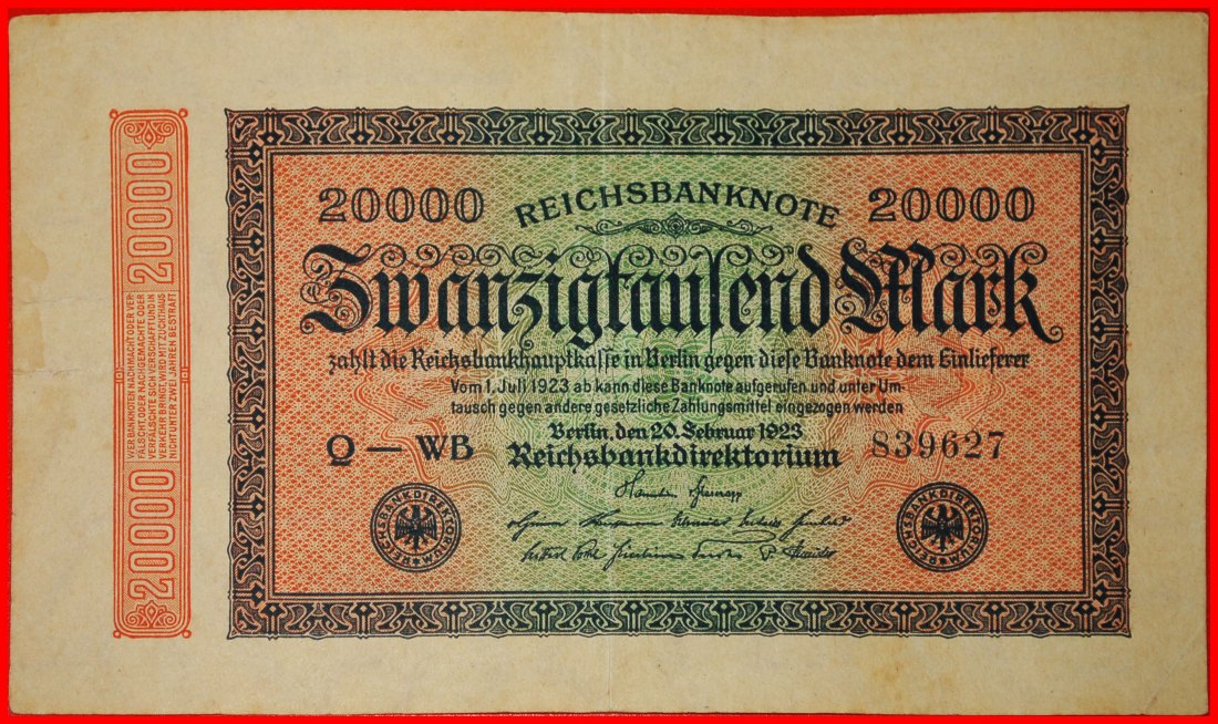  * REICHSBANKNOTE: GERMANY ★ 20000 MARK 1923 G and D in stars! CRISP!★LOW START ★ NO RESERVE!   