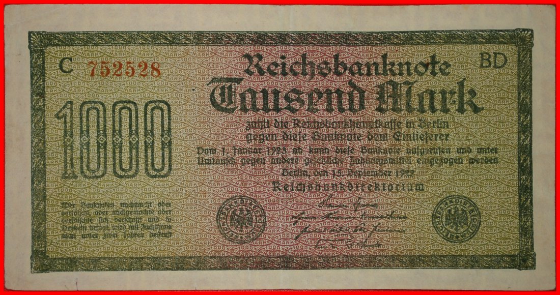 * REICHSBANKNOTE: GERMANY ★ 1000 MARK 1922 MEANDER! CRISP!★LOW START ★ NO RESERVE!