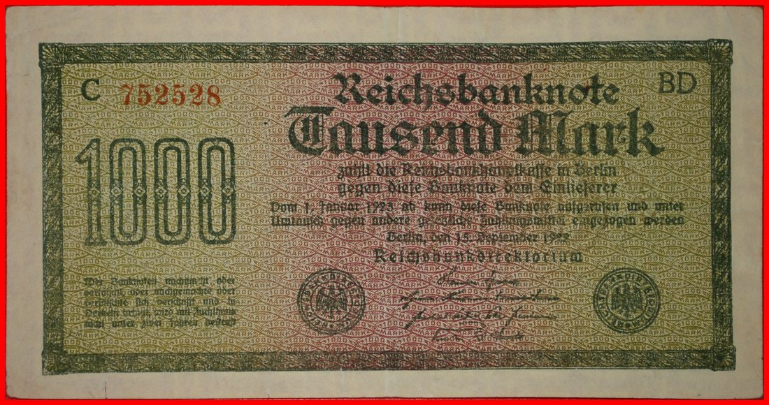  * REICHSBANKNOTE: GERMANY ★ 1000 MARK 1922 MEANDER! CRISP!★LOW START ★ NO RESERVE!   